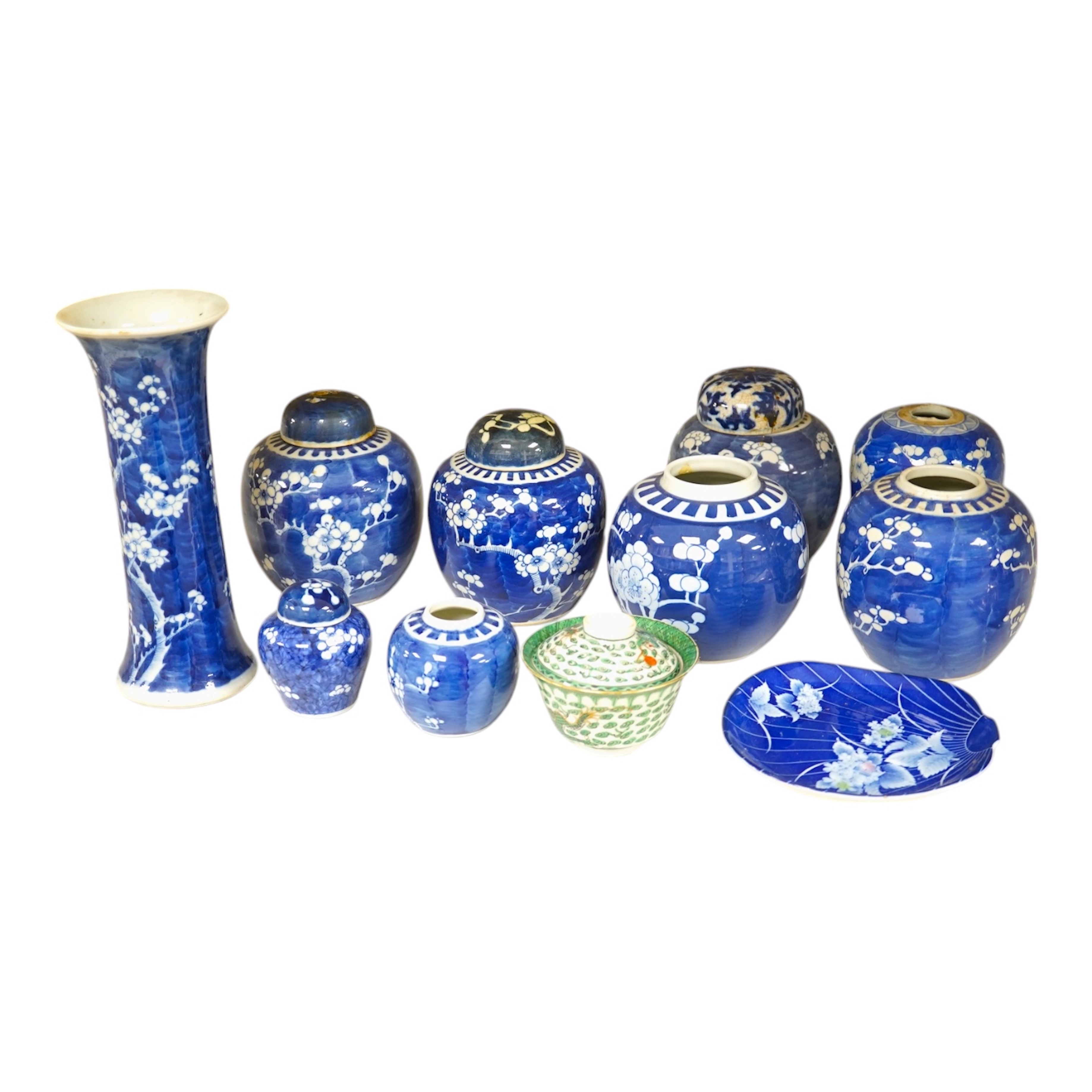 Eight Chinese blue and white ginger jars, one prunus vase and two others, the vase 25cm high. Condition - varies